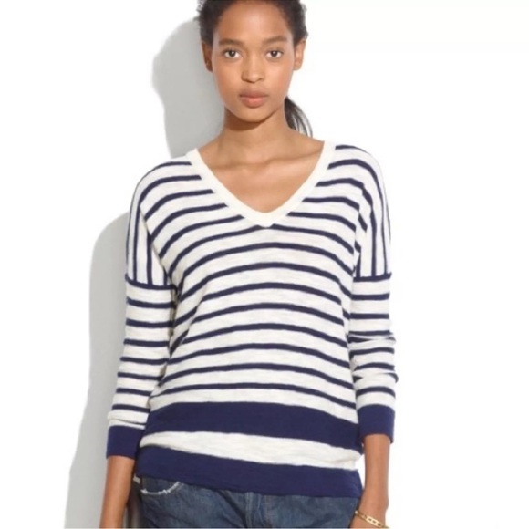 New MADEWELL Stripe V-Neck Sweater Top Wool Size XS  09316 Nautical Relaxed - Picture 1 of 12